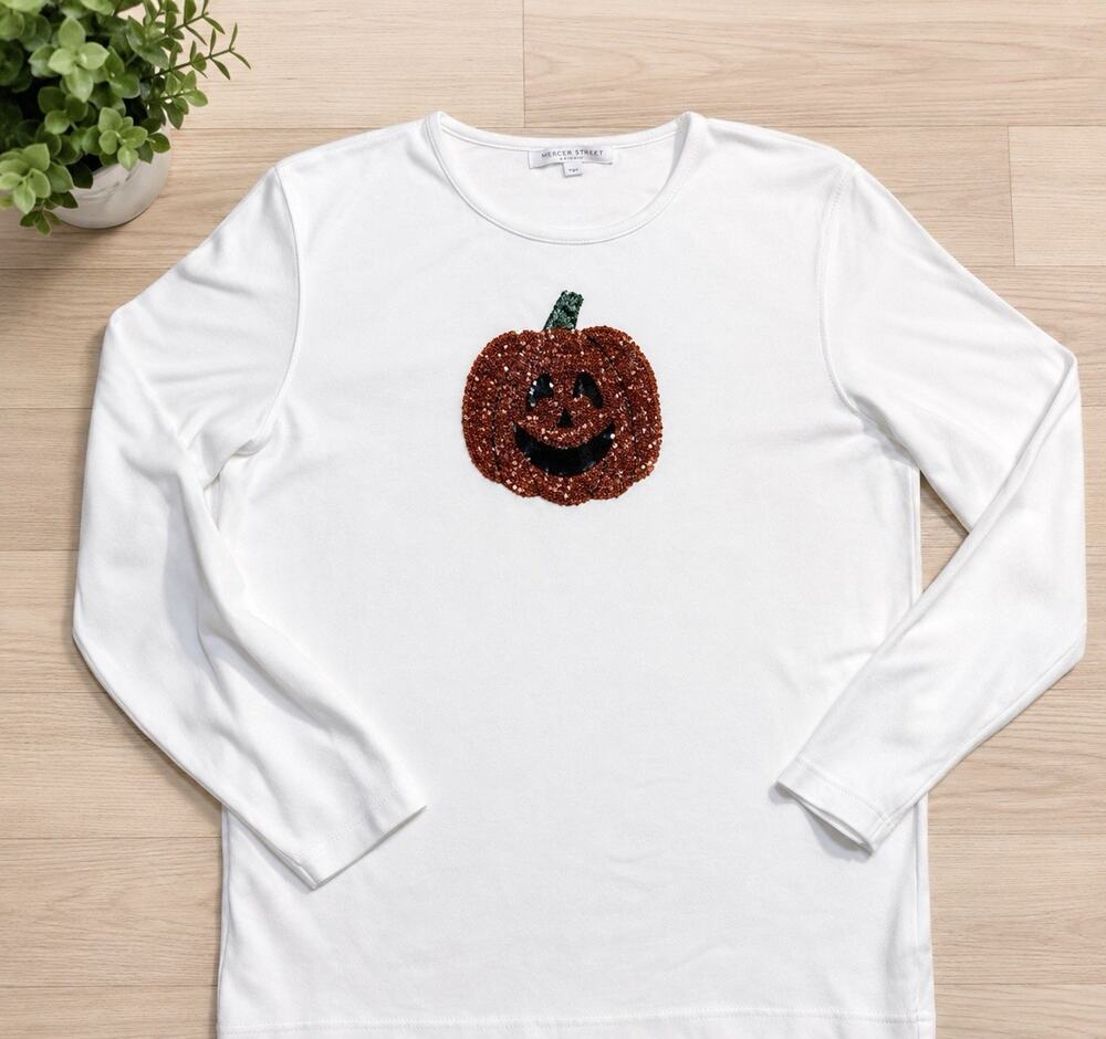 Mercer Street Studio White Halloween Pumpkin Beaded Top Size S